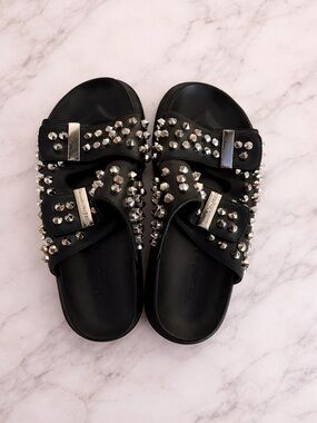 Black Studded Slide Sandals with Silver Hardware